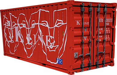 3/4 angled view of replica train container featuring Anser's artwork