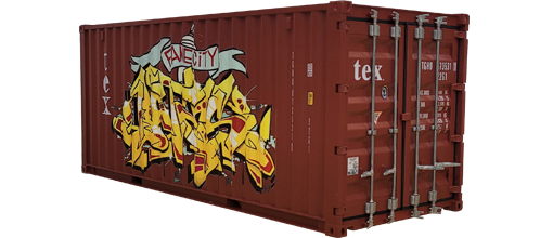 3/4 angled view of replica train container featuring Bates' artwork