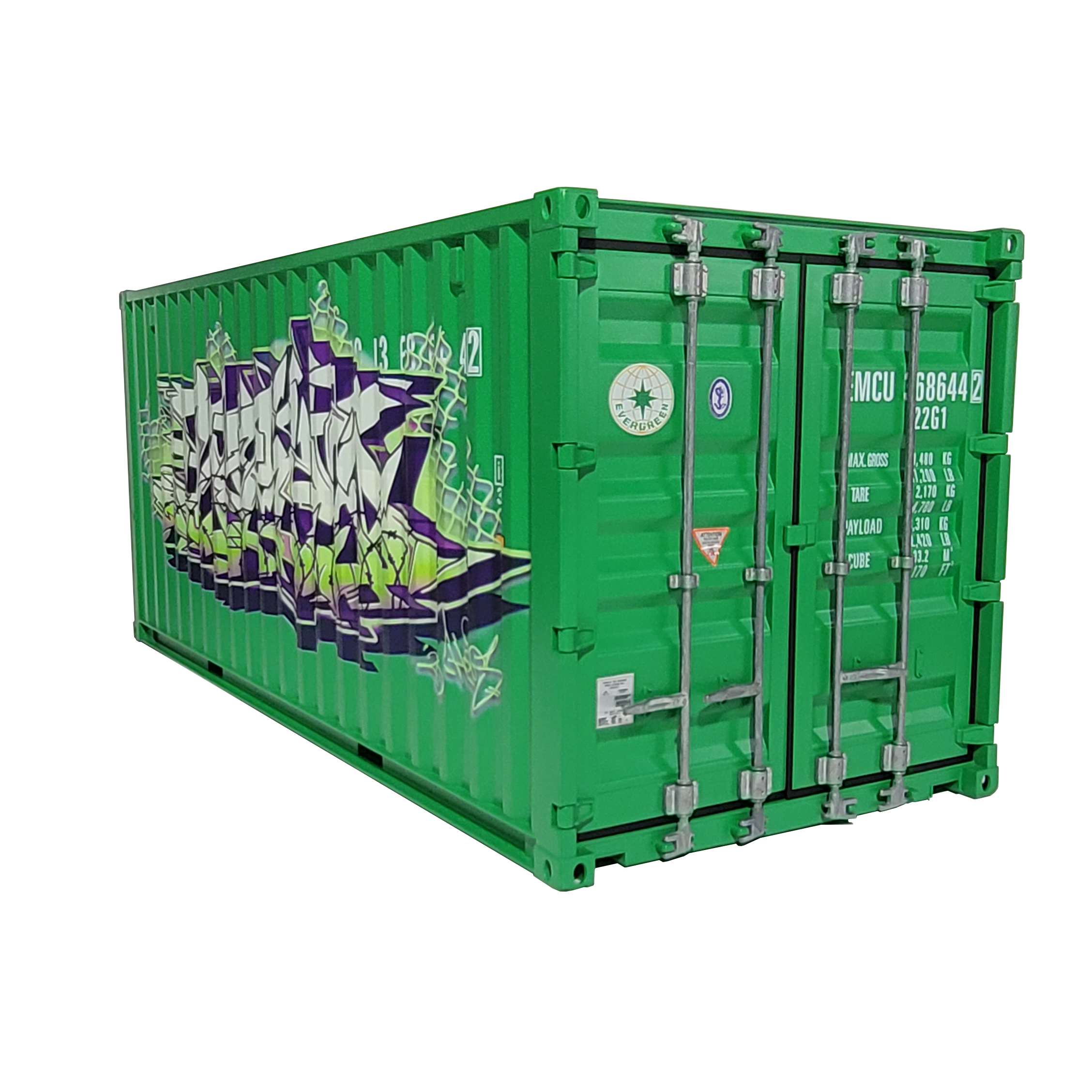 3/4 angled view of replica train container featuring Horus's artwork