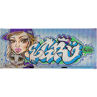 3/4 angled view of the original hand-painted container featuring EGR's artwork