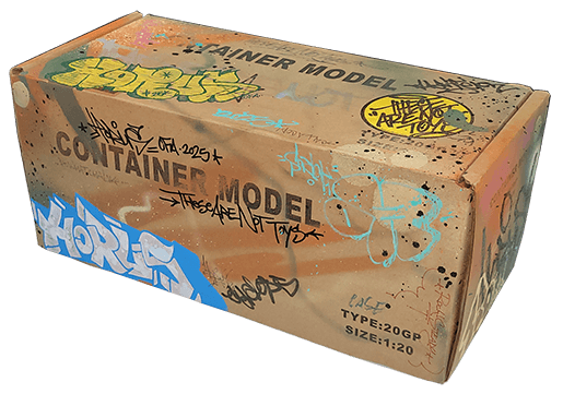 3/4 angled view of the original hand-painted container package featuring Horus's artwork 
