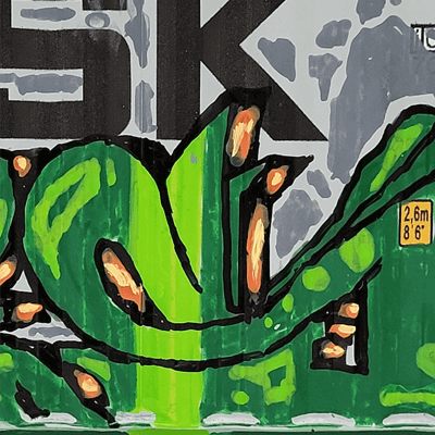 Close-up detail of Minus2's hand painted graffiti style letters