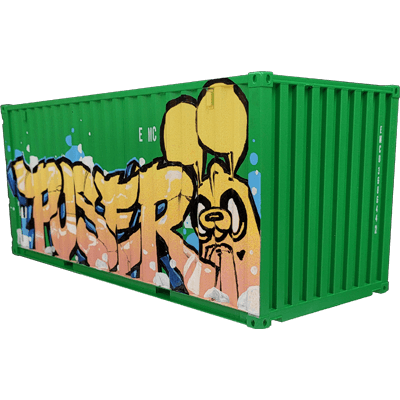 3/4 angled view of the original hand-painted shipping container featuring POSER's artwork