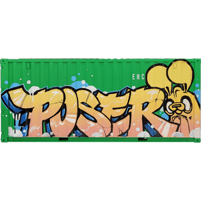 Straight-on view of the Original: Poser 12-inch hand-painted graffiti shipping container