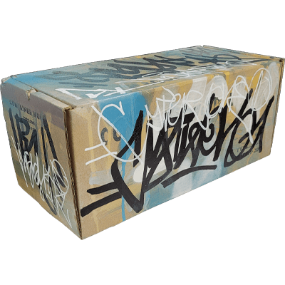 3/4 angled view of the original hand-painted container packaging featuring SIGHT's artwork