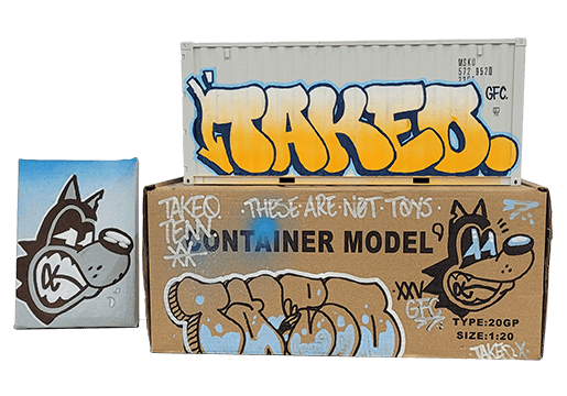 Straight-on view of the Original: Takeo 12-inch hand-painted container, package, and bonus art