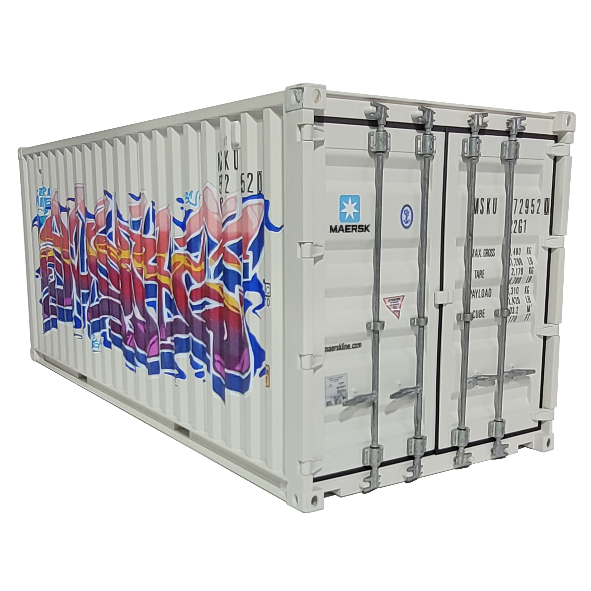 3/4 angled view of replica shipping container featuring Sight's artwork