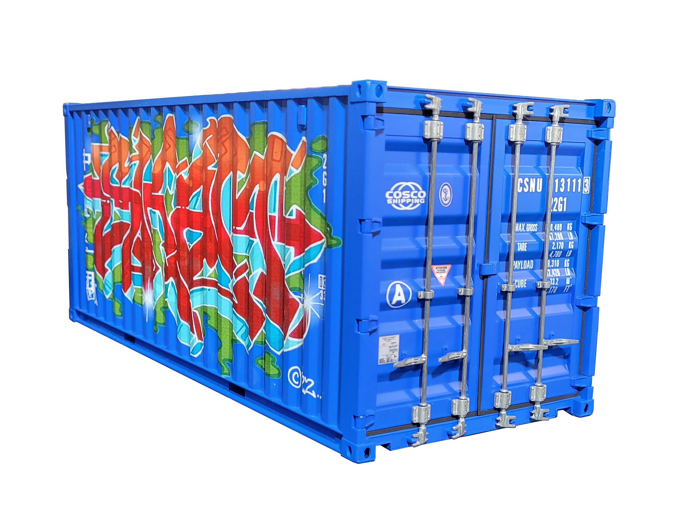 3/4 angled view of replica train container featuring Skam's artwork